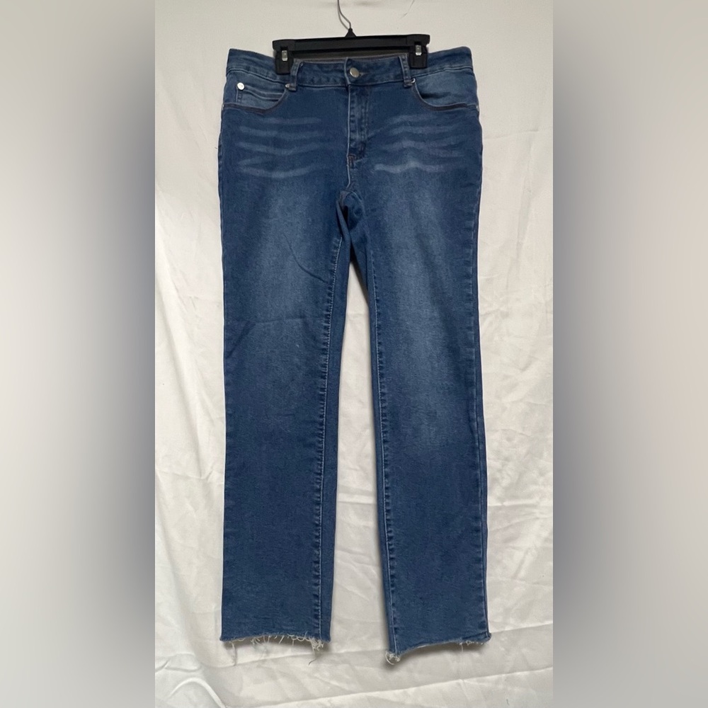 Tahari Olivia Classic Mid Rise Slim Straight Leg Jeans in Deep Blue w/ Raw Hem - Picture 2 of 10